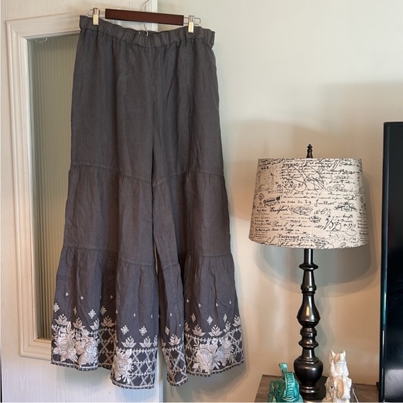 Jw Los Angeles Pants - #C026-Box 001 JW Los Angeles by Johnny Was Linen Embroidered Wide Leg Pants (M)